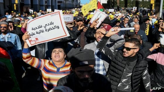 Demonstrators take part in a march called by the Moroccan Social Front (FSM) coalition to protest "soaring prices, political repression, and social oppression", in the capital Rabat, on December 4, 2022. (Photo by AFP)