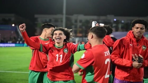Morocco team celebrates victory during the 2025 TotalEnergies CAF U17 Africa Cup of Nations Semi Final match between Morocco and Cote dIvoire at El Bachir Stadium in Mohammédia, Morocco on 15 April 2025 ©Nabil Ramdani/BackpagePix